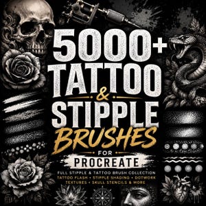 5000 tatuerings- och stipplingborstar för Procreate | Dot work, tatueringsblixt, texturborstar plus bonuskit