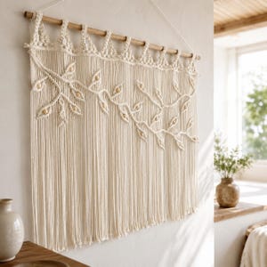 Handmade Cotton Macrame Door Curtain, Woven Leaf Tapestry, Nordic Boho Room Decor
