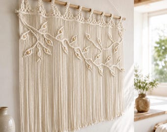 Handmade Cotton Macrame Door Curtain, Woven Leaf Tapestry, Nordic Boho Room Decor