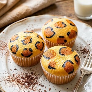 May include: Three golden-yellow muffins in white paper liners, each decorated with a brown and black leopard print pattern. The muffins are arranged on a light-colored ceramic plate with scattered chocolate shavings and a silver fork nearby.