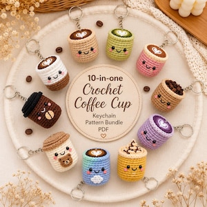 Virkade mönster till nyckelringar med kaffekopp | 10 kawaii-mönster (PDF-nedladdning)