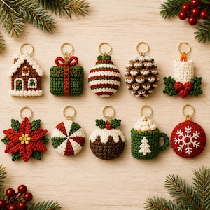Op de afbeelding: Een set van tien gehaakte kersthangers met goudkleurige ringen. De collectie bevat een peperkoekhuisje, een groen cadeau, een gestreepte kerstbal, een dennenappel, een kaars, een kerstster, een pepermuntje, een pudding, een mok en een sneeuwvlok.