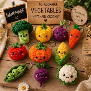 Paket med 10 virkmönster för grönsaker i PDF-format, Amigurumi-mönster för grönsaker, kawaii-virkmönster, nybörjarvänligt, direktnedladdning