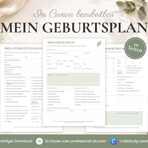 May include: A set of ten printable birth plan templates with white backgrounds, black text, and sage green accents. The documents feature checkboxes and sections for birth preferences, support team details, and comfort measures, all editable in Canva.