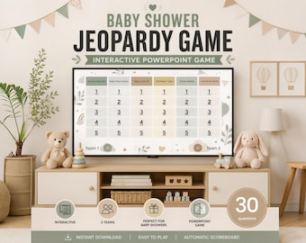 Könnte beinhalten: Ein digitales Babyparty-Jeopardy-Spiel auf einem Fernsehbildschirm mit einem Raster aus 30 Fragen in sechs Kategorien. Die Benutzeroberfläche enthält Team-Punktezähler, interaktive Elemente und Textbeschriftungen für eine automatische Anzeigetafel.