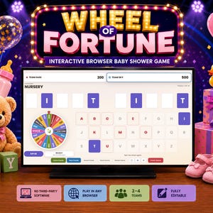 May include: A Wheel of Fortune interactive browser baby shower game displayed on a monitor, featuring a nursery category puzzle, a virtual spinning wheel, and team scores. The scene is decorated with a teddy bear, baby blocks, gifts, and balloons.