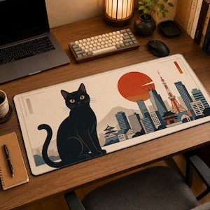 Könnte beinhalten: Eine rechteckige Schreibtischunterlage mit einer großen schwarzen Katze im Vordergrund. Der Hintergrund zeigt ein stilisiertes Stadtbild mit einer markanten roten Sonne, einem hohen Kommunikationsturm und traditioneller Architektur in Blau- und Grautönen.