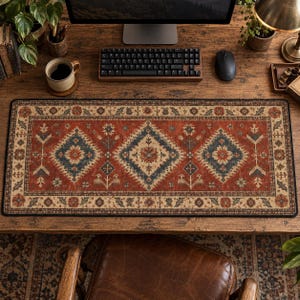 Puede incluir: Una alfombrilla de escritorio rectangular con un estampado detallado de un patrón de alfombra tradicional. El diseño incluye un motivo central de diamante en azul y crema, rodeado por un fondo rojo intenso con bordes florales y geométricos complejos en negro.