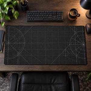 May include: A rectangular black desk mat featuring a white geometric grid pattern with intersecting circles and lines. The mat has a smooth surface with a thin black border, designed to provide a flat workspace for a computer keyboard and mouse.