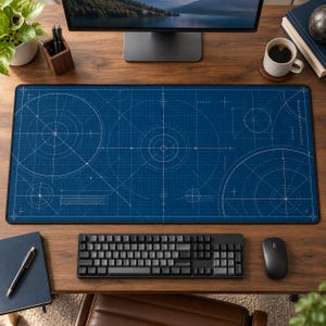 Peut inclure: Un tapis de bureau rectangulaire présentant un fond bleu foncé avec des lignes de plan technique blanches, incluant divers cercles concentriques, des grilles géométriques et des marquages de réticule précis sur toute la surface.