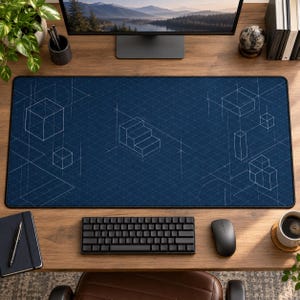 Op de afbeelding: Een grote rechthoekige bureaumat met een donkerblauwe achtergrond, een wit isometrisch rasterpatroon en diverse geometrische lijntekeningen van kubussen en trappen. De mat is voorzien van een zwarte gestikte rand en een glad oppervlak.