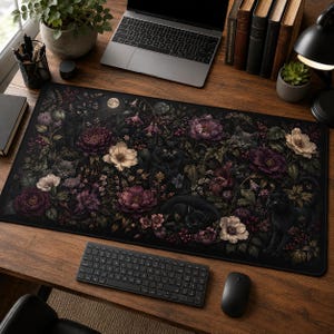 Black Cat Floral Desk Mat Nocturnal Botanical Extended Neoprene Mousepad Gothic Cottagecore Workstation Keyboard Computer Decor Accessory