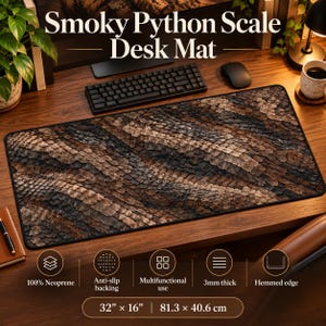 Smoky Python Scale Desk Mat Large Reptile Mouse Pad Brown Animal Print Neoprene Extended Workstation Accessory Non Slip Gaming Office Decor