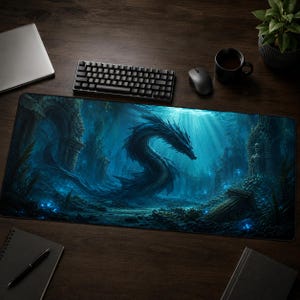May include: A rectangular desk mat featuring a dark blue underwater scene with a large, serpentine dragon swimming among ancient stone ruins, columns, and glowing blue flora, set on a wooden desk with a keyboard, mouse, and notebooks.