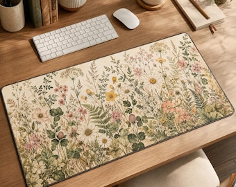 Op de afbeelding: Een rechthoekige bureaumat met een gedetailleerde botanische print van diverse wilde bloemen, varens en grassen in gedempte tinten groen, geel, roze en wit op een crèmekleurige achtergrond met een donkere randafwerking.