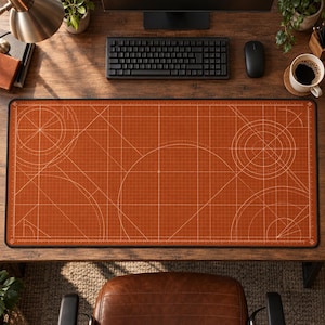 May include: A rectangular desk mat featuring a burnt orange background with a white grid pattern, including various geometric lines, circles, and angle markings. The mat has a black border and is designed for use on a workspace surface.