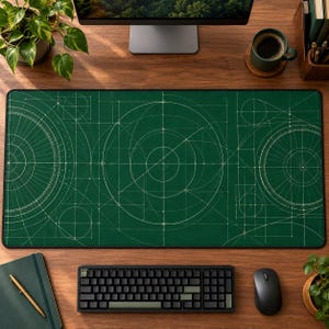 Puede incluir: Una alfombrilla de escritorio rectangular con una superficie de color verde intenso y un diseño de plano técnico en blanco. El patrón consta de complejos círculos geométricos, líneas que se cruzan y marcas de cuadrícula precisas.