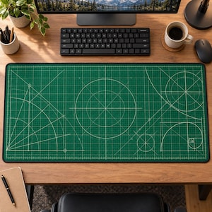 May include: A rectangular green cutting mat featuring a white grid pattern with various geometric shapes, including circles, arcs, and a golden ratio spiral. The mat has a black border and is positioned on a wooden desk surface.