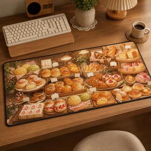 May include: A rectangular desk mat featuring a detailed illustration of a bakery display filled with various breads, pastries, and strawberry sandwiches. The scene includes woven baskets, wooden trays, and small white price tags arranged on shelves.