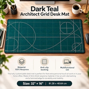 Op de afbeelding: Een donkerblauwe, rechthoekige bureauonderlegger met een wit architectenrasterpatroon van geometrische cirkels en lijnen. De mat meet 81,28 cm bij 40,64 cm en is gemaakt van 100% neopreen met een antislip onderkant.