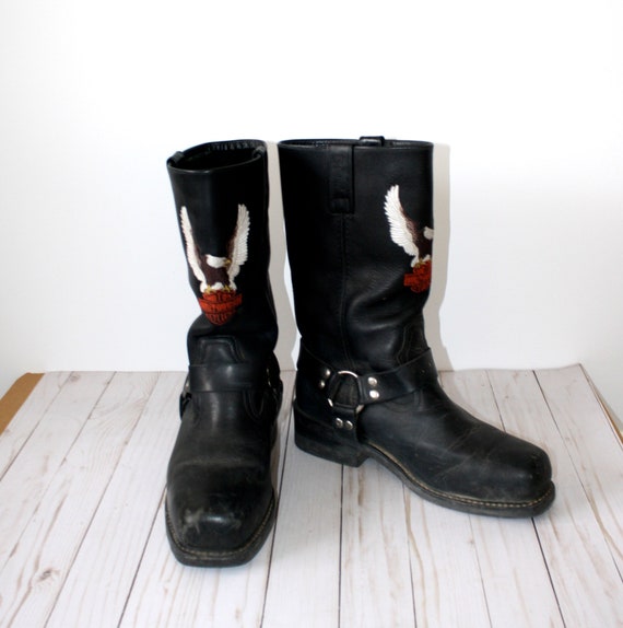 1990s Harley Davidson Biker Boots . Vintage 90s Men's Black Leather Motorcycle Boots with Embroidered Eagle Harley Davidson Logo. Sz 10 1/2