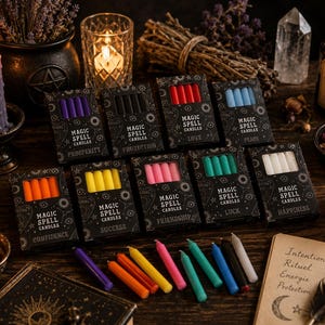 Op de afbeelding: Een collectie Magic Spell kaarsen in zwarte doosjes met witte hemelse patronen, gelabeld met thema's zoals Prosperity, Protection, Love, Peace, Confidence, Success, Friendship, Luck en Happiness, naast losse, kleurrijke dinerkaarsen.