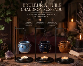 Quemador de aceite colgante con forma de caldero – Difusor de fragancias | Decoración de brujas | Estilo Witchcore | Regalo esotérico