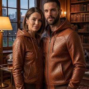 Ostrich Embossed Leather Bomber Jacket, Unisex Hooded Fall Winter Coat