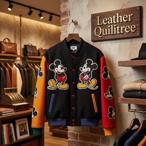 Puede incluir: Una chaqueta universitaria negra con dos grandes parches de Mickey Mouse en el pecho, una manga naranja con parches de la cabeza de Mickey y una manga roja con parches de la cabeza de Mickey. La chaqueta tiene botones y etiqueta Kith.