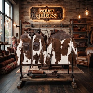 Può includere: Due giacche in pelle bovina marrone e bianca sono esposte su un appendiabiti in legno. Le giacche presentano un colletto alla coreana, due tasche sul petto con patta e uno sprone in pelle marrone scuro sulle spalle. Un'insegna riporta leather qulitree.