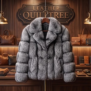 May include: A grey and white faux fur jacket with a wide collar and long sleeves, hanging on a wooden hanger in front of a sign that reads LEATHER QUILTREE. The jacket features a thick, textured pile and is displayed in a shop with wooden shelves.
