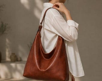Soft Leather Hobo Bag, Minimalist Slouchy Tote, Everyday Shoulder Bag, Large Work Handbag, Women's Leather Purse Gift