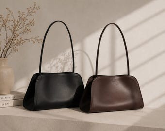Bolso de hombro de cuero vintage, bolso minimalista marrón y negro, bolso elegante para el día a día, bolso estilo aristocrático, bolso tote clásico de cuero para mujer.
