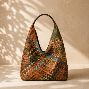 Pode incluir: Uma mala de mão estilo hobo com um exterior em pele entrançada multicolorida, apresentando um padrão de tiras vermelhas, cor de laranja, azuis, verdes e castanhas. A mala tem uma única alça em pele castanha escura e detalhes em pele lisa.