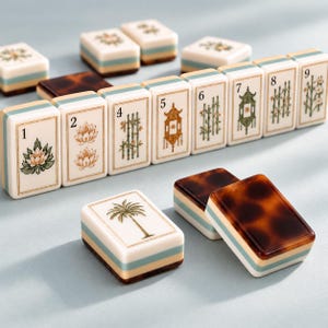 Puede incluir: Un juego de fichas de mahjong rectangulares con caras de color crema que muestran ilustraciones botánicas y arquitectónicas, numeradas del uno al nueve. Las fichas tienen un diseño en capas con una franja azul claro y un reverso de carey oscuro.