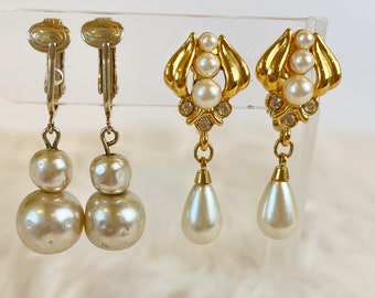 Vintage Faux Pearl Dangling Earrings Lot Sarah Coventry & Napier Gold Tone