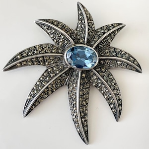 Vintage Sterling Silver Starburst Starfish Flower Brooch Blue Topaz & Marcasite Gemstones