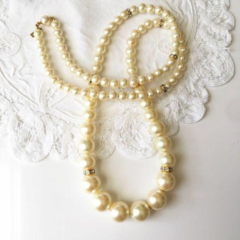Vintage Marvella Long Faux Pearl Crystal Necklace image 1