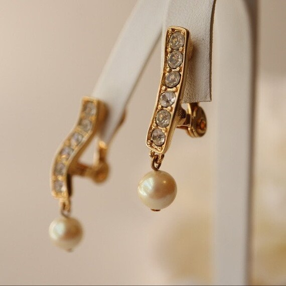 Vintage Monet Earrings Crystal Pearl Gold Bridal … - image 5