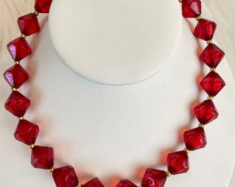 Vintage Acrylic Beaded Necklace Red Faceted Gold Tone Mid Century Jewelry