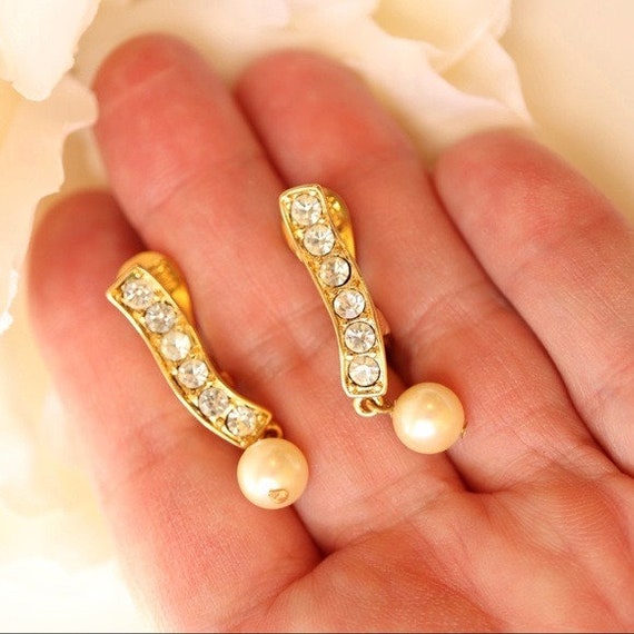 Vintage Monet Earrings Crystal Pearl Gold Bridal … - image 6