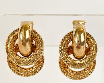 Vintage Earrings Marino Triple Ring Clip On Gold Tone Mid Century Jewelry