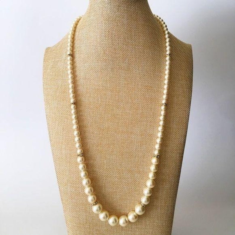 Vintage Marvella Long Faux Pearl Crystal Necklace image 4