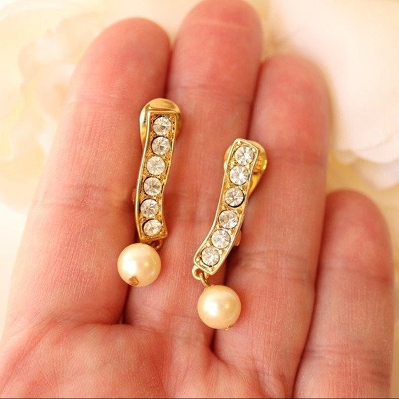 Vintage Monet Earrings Crystal Pearl Gold Bridal … - image 2
