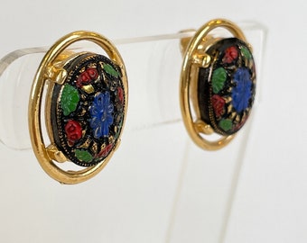 Sarah Coventry Old Vienna Earrings Vintage 1970s 70s Clip On Gold Blue Black Red