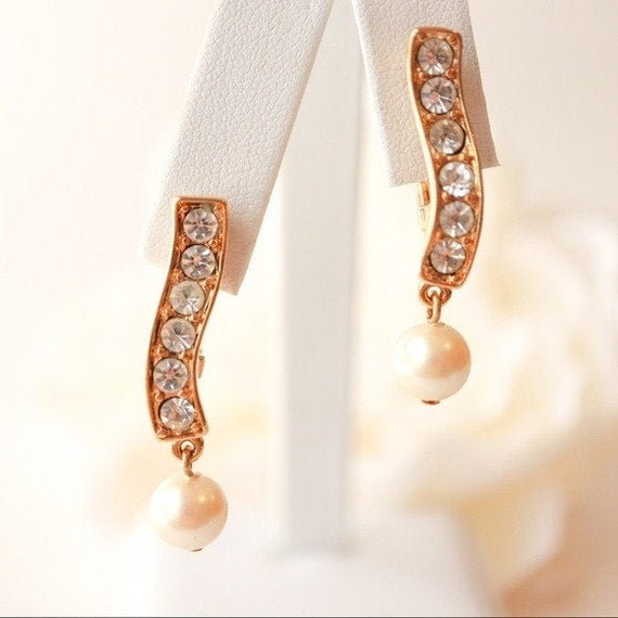 Vintage Monet Earrings Crystal Pearl Gold Bridal … - image 1