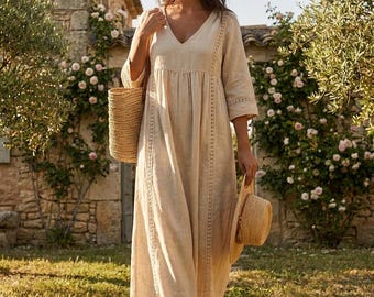 Lange jurk van katoenlinnen | Boho zomerjurk met V-hals | Relaxte maxi-zonnejurk voor dames | Casual outfit voor strandvakantie