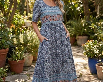 Boho Maxi Dress for Women | Loose Fit A-Line Summer Dress | Empire Waist Printed Long Dress | Round Neck Short Sleeve Vacation