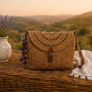 May include: A tan crocheted shoulder bag featuring a semi-circular patterned flap, a brown leather-like buckle strap, and a decorative purple floral charm attached to the side metal ring, paired with a matching brown adjustable shoulder strap.