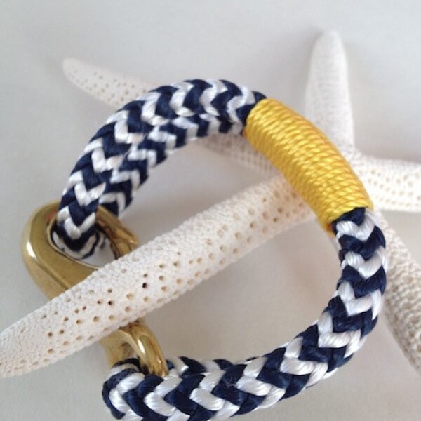 Navy & White Nautical Rope Bracelet with Gold Wrap and a Bronze Clasp